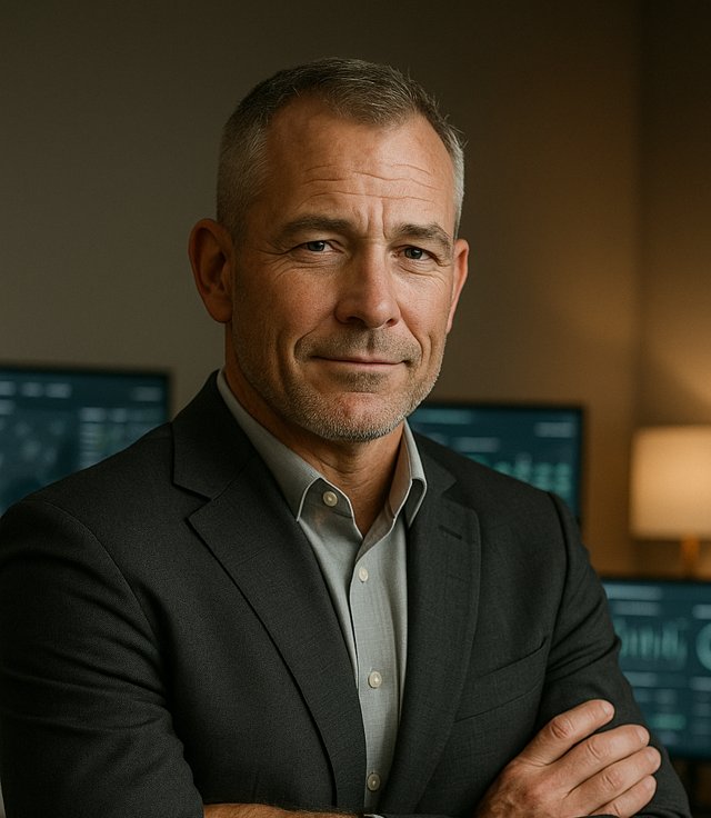 Sully's AI-generated avatar: a man in a dark blazer, arms crossed, in an office with screens behind him